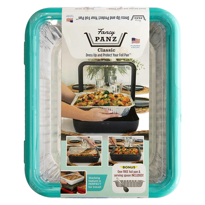 Turquoise Fancy Panz cover fitted securely over a 9x13 foil pan filled with cooked pasta dish, featuring a clear removable window and sturdy design for Kitchen & Food, USA Made, and Storage collections.
