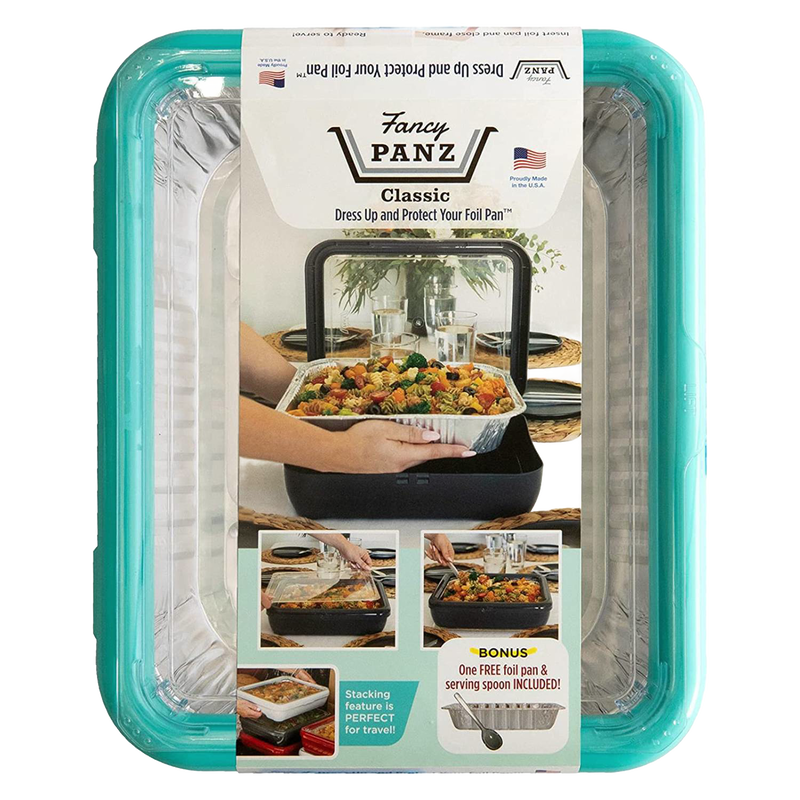Turquoise Fancy Panz cover fitted securely over a 9x13 foil pan filled with cooked pasta dish, featuring a clear removable window and sturdy design for Kitchen & Food, USA Made, and Storage collections.
