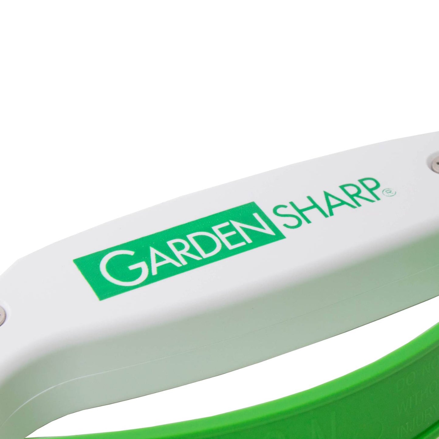 Close-up of a garden tool sharpener handle with a white body and green detail, designed for quick sharpening of farm and garden tools, part of USA Made and Lawncare collections.