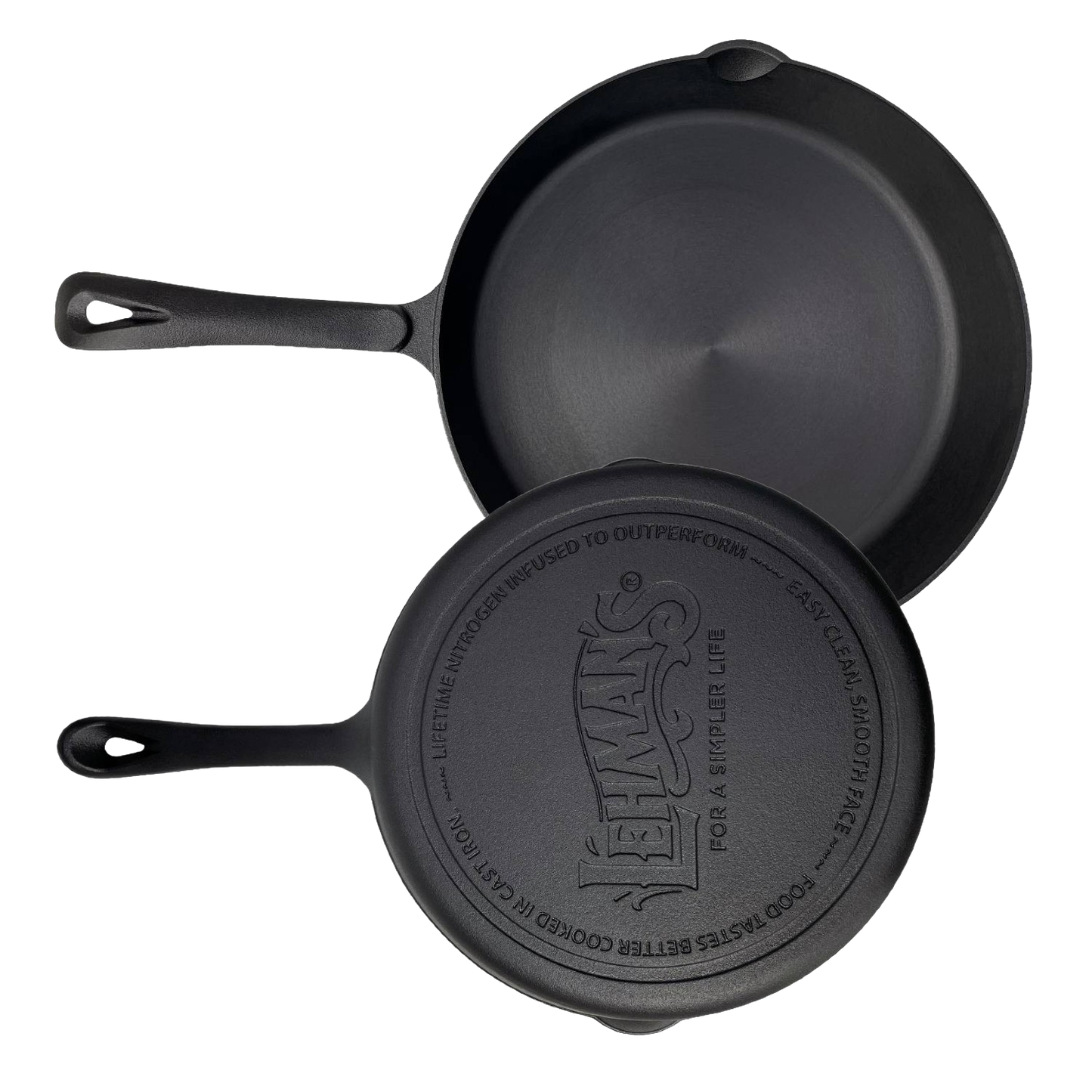 Pair of handcrafted nitrogen-infused cast iron skillets with smooth, stick-resistant finish, designed for lasting performance in Kitchen & Food, Cookware, Cast Iron, Best Sellers, and Sale collections.