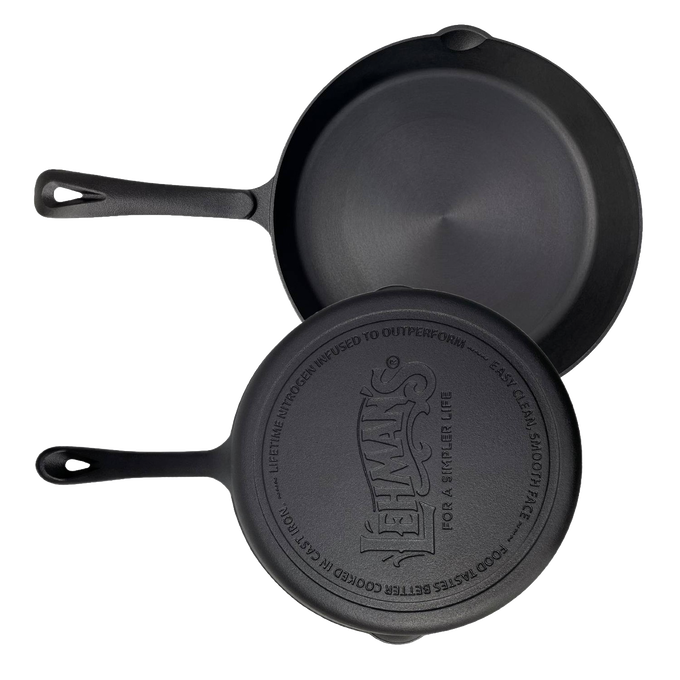 Pair of handcrafted nitrogen-infused cast iron skillets with smooth, stick-resistant finish, designed for lasting performance in Kitchen & Food, Cookware, Cast Iron, Best Sellers, and Sale collections.