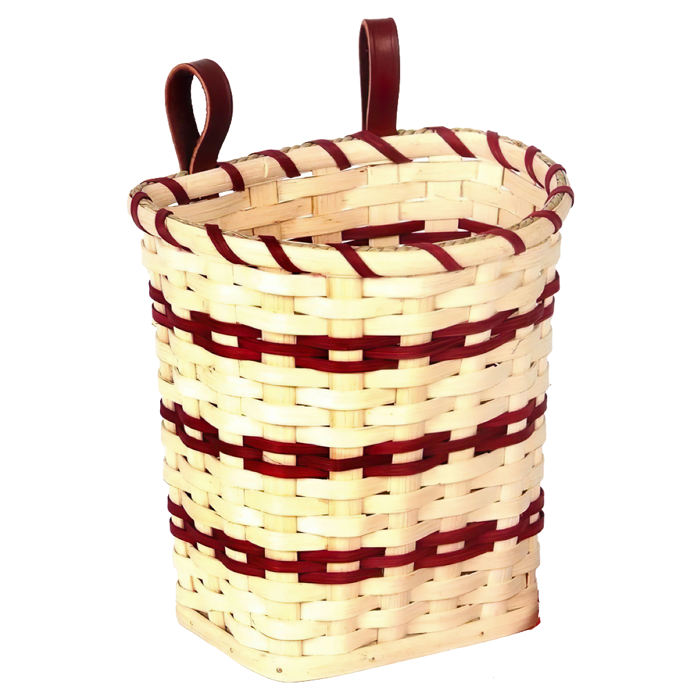 Handcrafted berry basket with woven light and dark natural fibers, featuring leather loops for belt attachment, made in USA by Amish artisans, perfect for Farm, Garden & Tool and Garden Accessories collections.