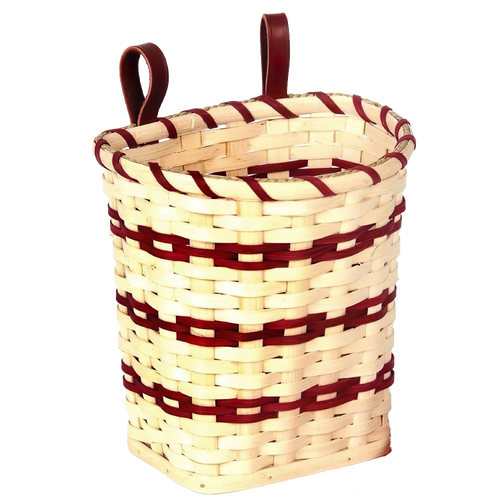 Handcrafted berry basket with woven light and dark natural fibers, featuring leather loops for belt attachment, made in USA by Amish artisans, perfect for Farm, Garden & Tool and Garden Accessories collections.