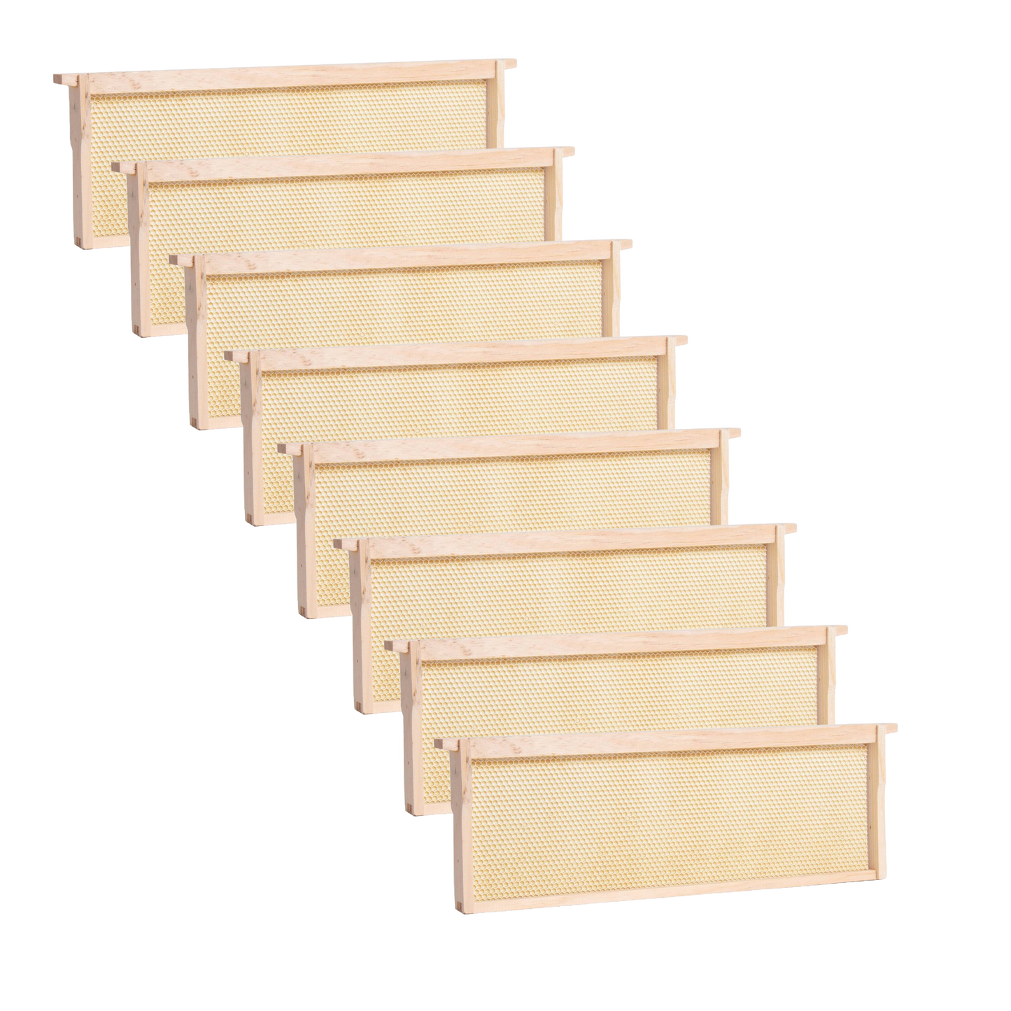 Set of handcrafted medium wood bee frames with heavy waxed plastic foundations, made in the USA, suitable for 5, 8, or 10-frame hives, part of beekeeping supplies collections.