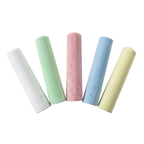 Five pastel-colored chalk sticks in white, green, pink, blue, and yellow, suitable for creative indoor play and educational activities in children's toys collections.
