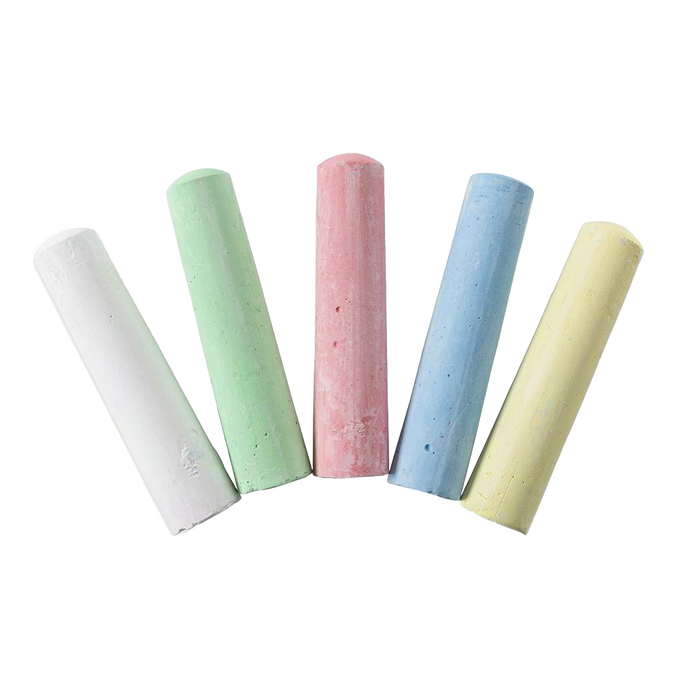 Five pastel-colored chalk sticks in white, green, pink, blue, and yellow, suitable for creative indoor play and educational activities in children's toys collections.