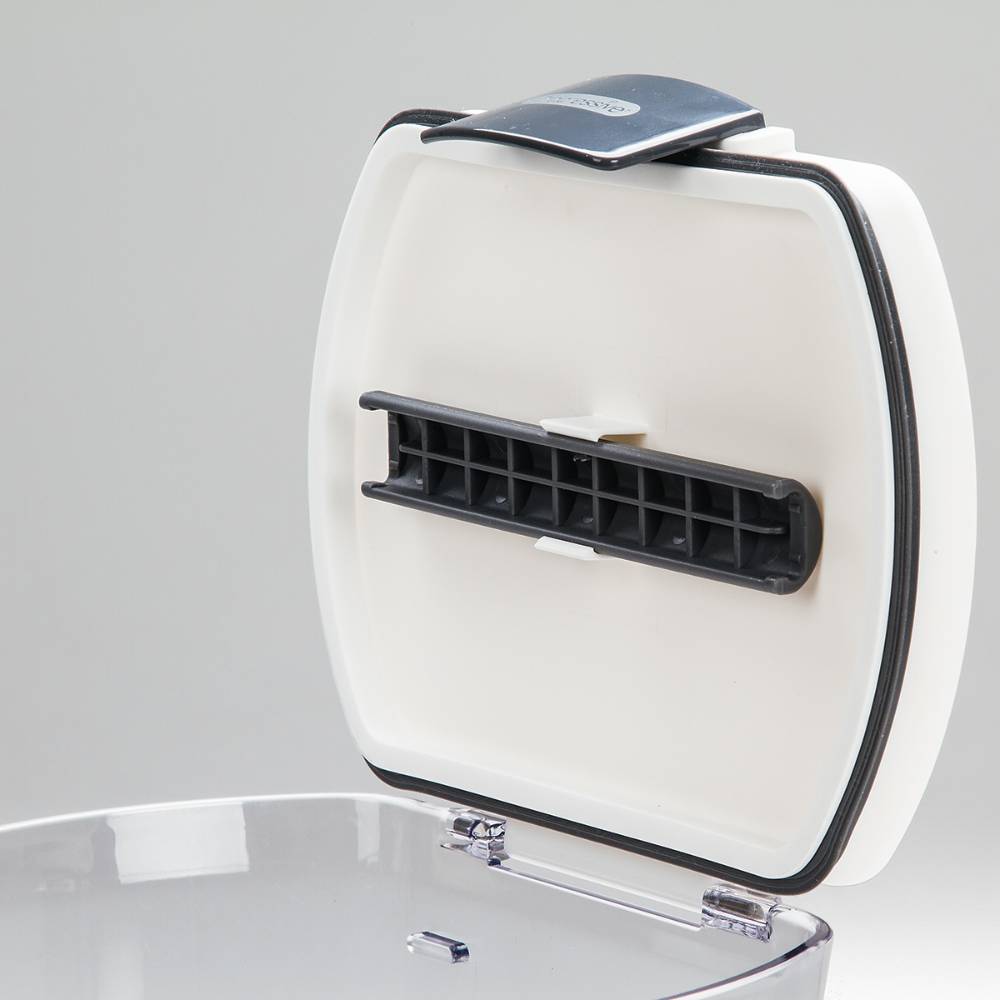 Close-up of the airtight white lid with black built-in leveler on a plastic flour keeper, designed to keep flour fresh and organized; featured in Kitchen & Food, Storage and Serving, Best Sellers, and Promo Eligible collections.