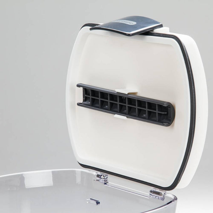Close-up of the airtight white lid with black built-in leveler on a plastic flour keeper, designed to keep flour fresh and organized; featured in Kitchen & Food, Storage and Serving, Best Sellers, and Promo Eligible collections.