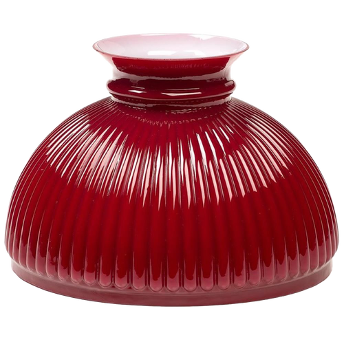 Handcrafted ruby red ribbed glass oil lamp shade with flared white rim, fits Aladdin 10-inch lamp rings, featured in Lamps & Lighting, Parts and Accessories, and Lamp Shades collections.