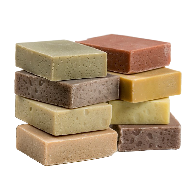 Stacked assortment of handcrafted natural soap bars in earthy tones, made in USA, highlighting gentle care for skin, featured in Health & Wellness, Soaps, and USA Made collections.