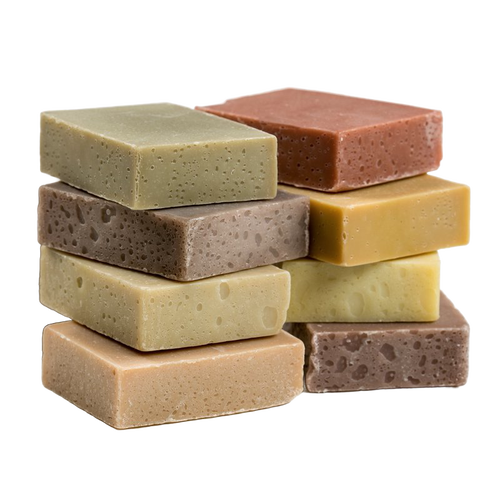 Stacked assortment of handcrafted natural soap bars in earthy tones, made in USA, highlighting gentle care for skin, featured in Health & Wellness, Soaps, and USA Made collections.