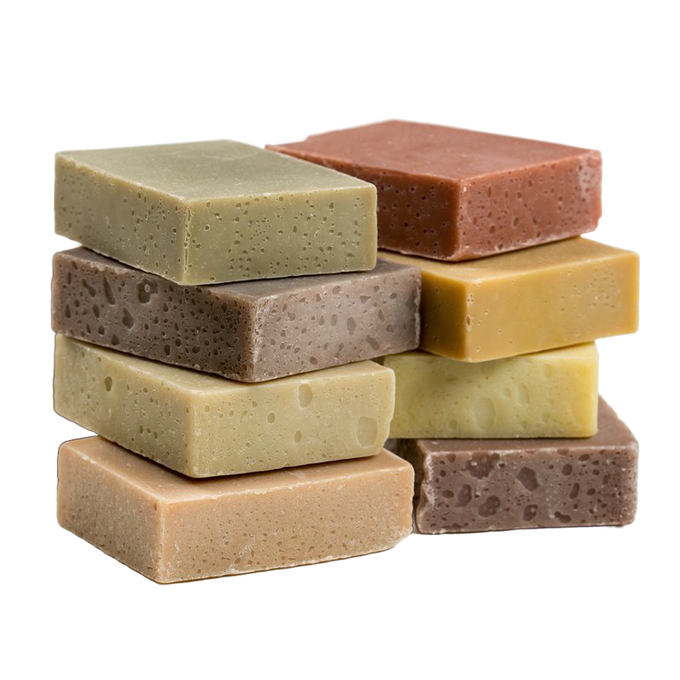 Stacked assortment of handcrafted natural soap bars in earthy tones, made in USA, highlighting gentle care for skin, featured in Health & Wellness, Soaps, and USA Made collections.