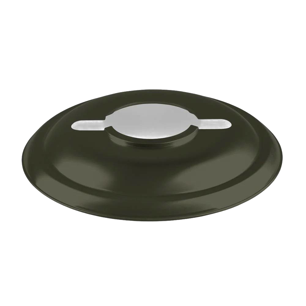 Handcrafted steel reflector shade in dark olive green, designed to direct light downward and shield glass lanterns from weather, ideal for Lamps & Lighting, Emergency Supplies, Oil Lamps, and Best Sellers collections.