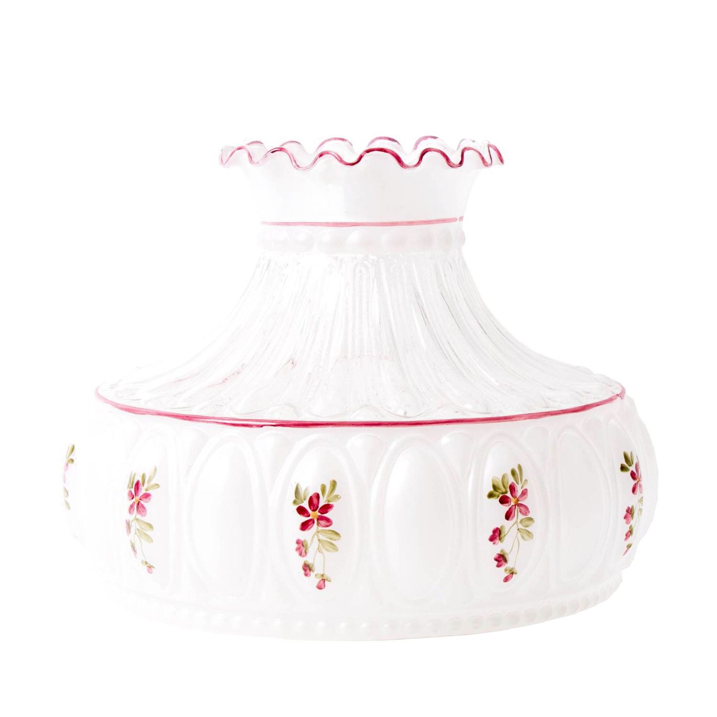 Handcrafted amethyst rose glass oil lamp shade with delicate floral pattern and ruffled edge, ideal for Lamps & Lighting, Parts and Accessories, Lamp Shades, and Best Sellers collections.