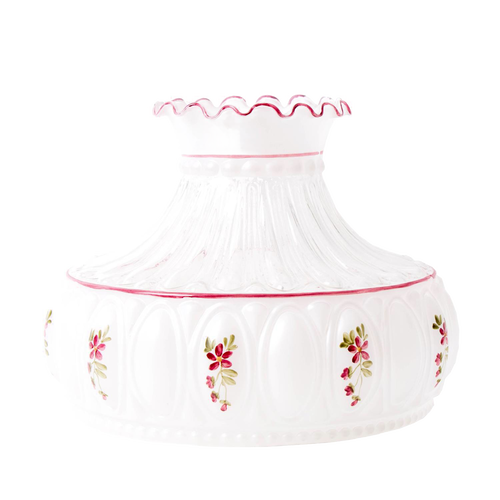 Handcrafted amethyst rose glass oil lamp shade with delicate floral pattern and ruffled edge, ideal for Lamps & Lighting, Parts and Accessories, Lamp Shades, and Best Sellers collections.