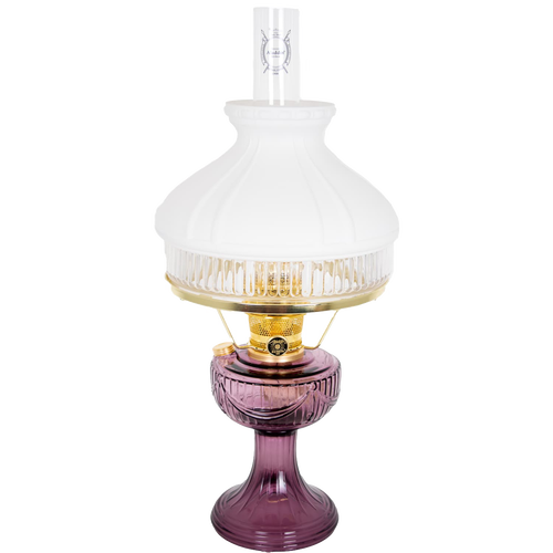 Handcrafted Aladdin Lincoln Drape oil lamp with amethyst glass base, brass burner, and frosted white top shade, ideal for Farm, Garden & Tool, Lamps & Lighting, and Emergency Supplies collections.