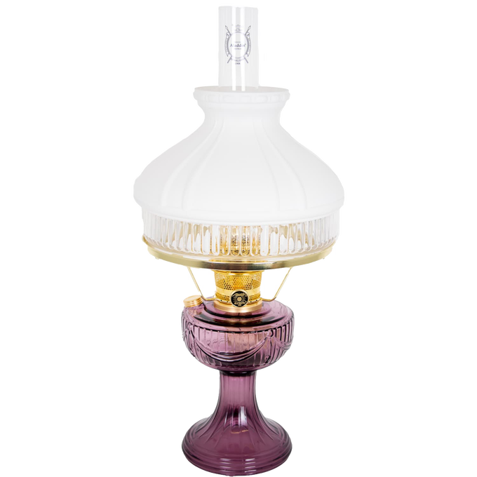 Handcrafted Aladdin Lincoln Drape oil lamp with amethyst glass base, brass burner, and frosted white top shade, ideal for Farm, Garden & Tool, Lamps & Lighting, and Emergency Supplies collections.