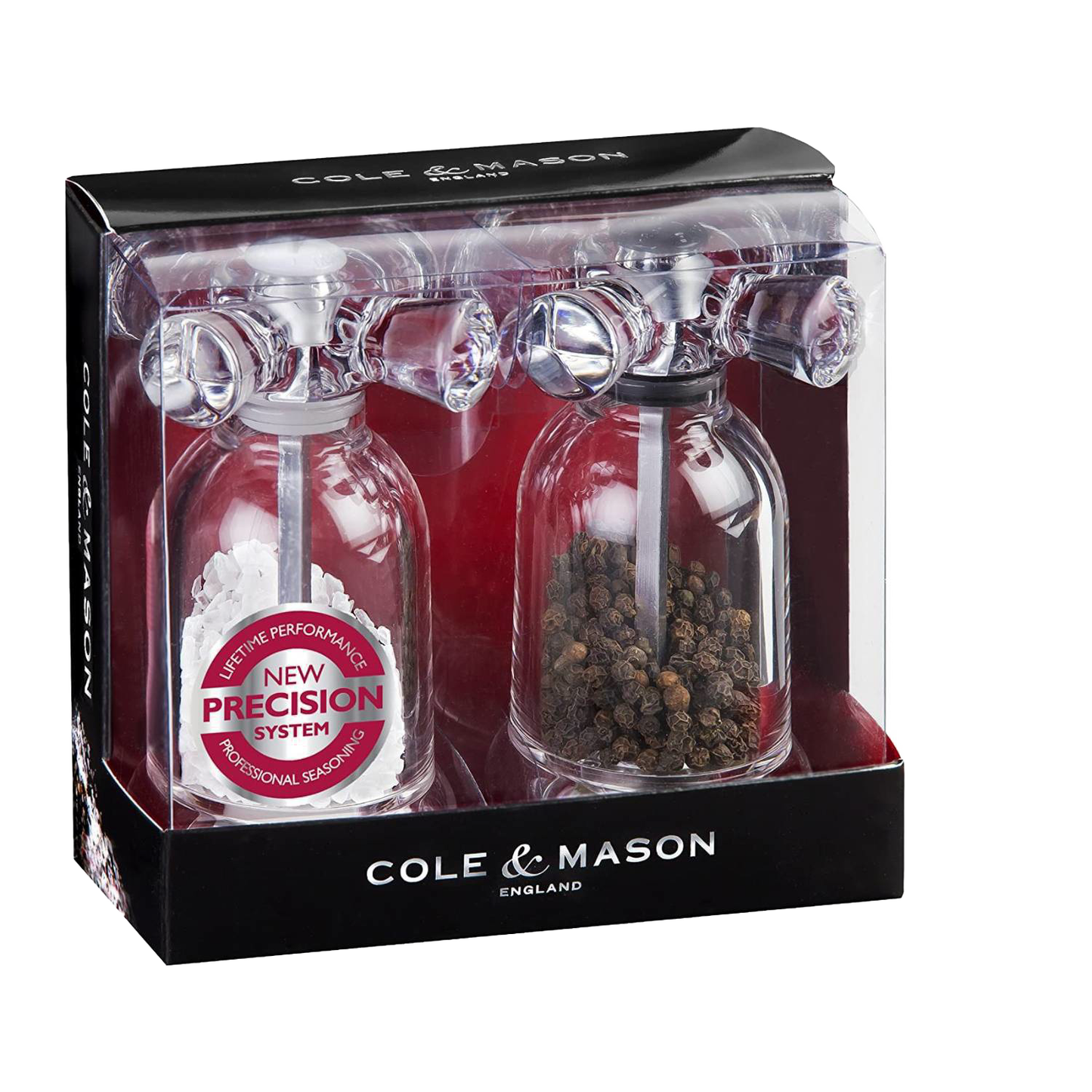 Clear acrylic salt and pepper mills styled like vintage faucets, filled with sea salt and black peppercorns, ideal for Kitchen & Food, Dinnerware, Storage and Serving, Best Sellers, and Promo Eligible collections.