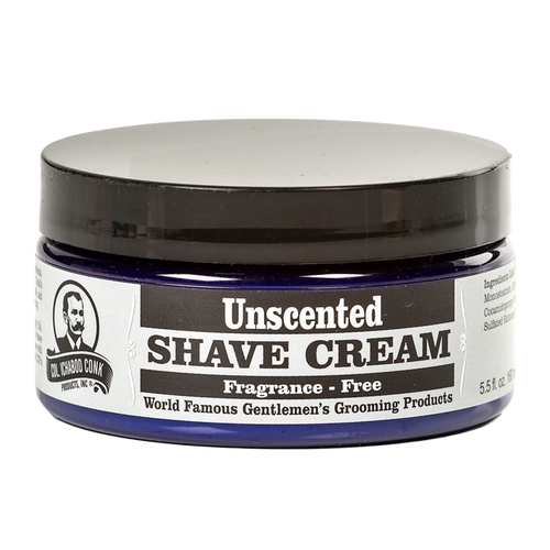 Blue glass jar of handcrafted unscented shave cream in a 5.5 fl oz container, made in USA, featured in Health & Wellness, Grooming and Personal Hygiene, and Best Sellers collections.