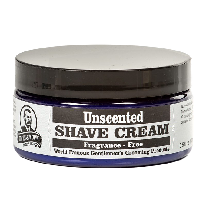 Blue glass jar of handcrafted unscented shave cream in a 5.5 fl oz container, made in USA, featured in Health & Wellness, Grooming and Personal Hygiene, and Best Sellers collections.
