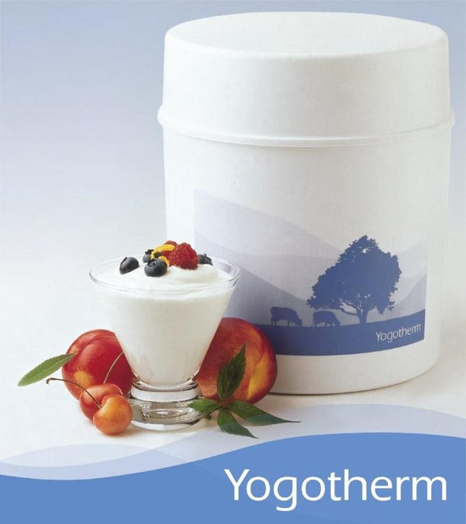 Compact yogurt incubator with a white outer container featuring a blue pastoral design, shown with a glass of fresh yogurt topped with berries, cherries, and peach, suitable for Kitchen & Food and DIY Cheese and Yogurt collections.