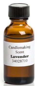Amber glass bottle with black cap containing lavender fragranced candle scent, ideal for enhancing candles and lamps in Candlemaking and Lamps & Lighting collections.