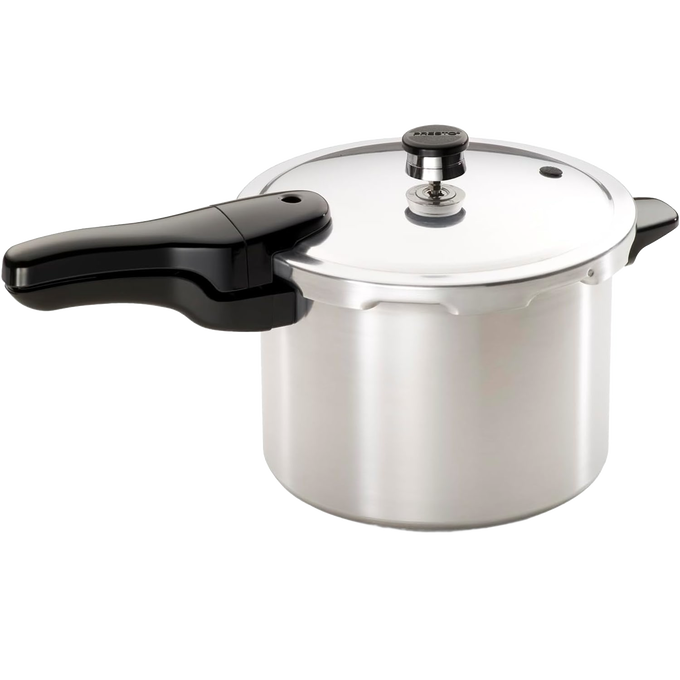 Handcrafted aluminum pressure cooker with a glossy finish and black ergonomic handle, designed for fast, efficient cooking, featured in Kitchen & Food, Cookware, Pots and Pans, Best Sellers, and Promo Eligible collections.