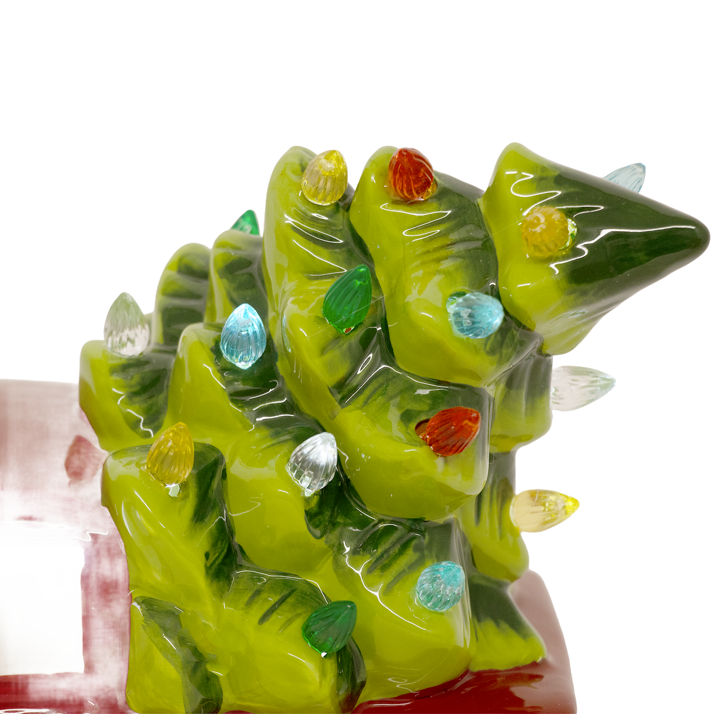 Handcrafted dolomite green Christmas tree decorated with colorful LED lights atop a red truck, battery operated for Home & Decor, Holiday Decor, Best Sellers, and Promo Eligible collections.