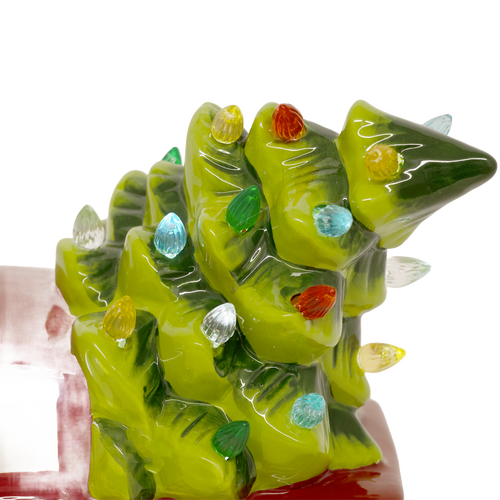 Handcrafted dolomite green Christmas tree decorated with colorful LED lights atop a red truck, battery operated for Home & Decor, Holiday Decor, Best Sellers, and Promo Eligible collections.