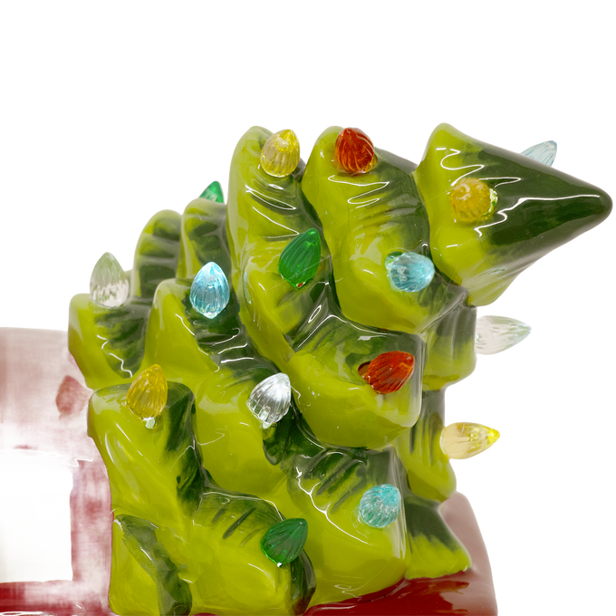 Handcrafted dolomite green Christmas tree decorated with colorful LED lights atop a red truck, battery operated for Home & Decor, Holiday Decor, Best Sellers, and Promo Eligible collections.