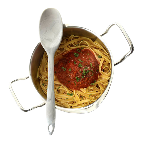 Marble-patterned flexible silicone spoon with steel core resting on a stainless steel pot of fettuccine pasta topped with marinara sauce and fresh herbs, ideal for Kitchen & Food, Cookware, Baking Supplies, Kitchen Gadgets, and Best Sellers collections.