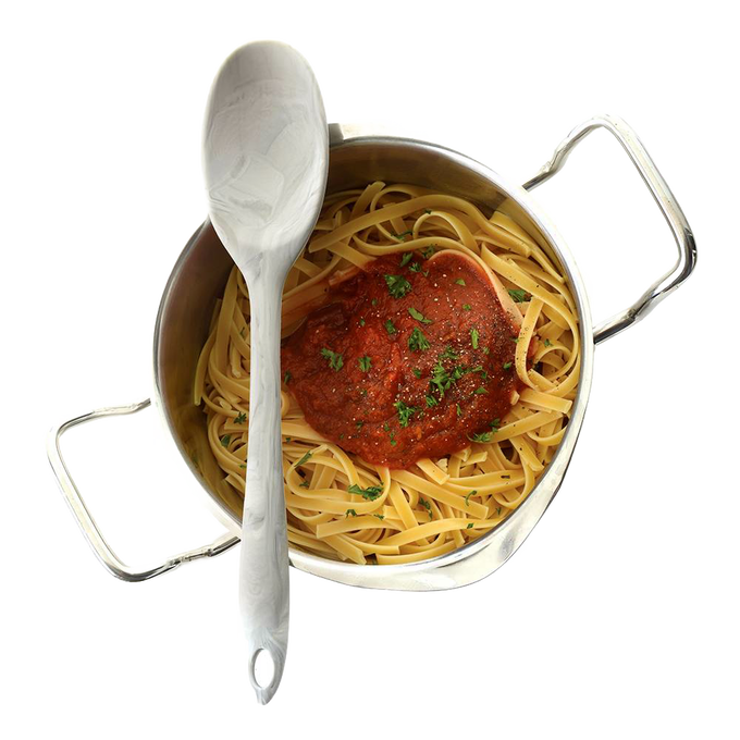 Marble-patterned flexible silicone spoon with steel core resting on a stainless steel pot of fettuccine pasta topped with marinara sauce and fresh herbs, ideal for Kitchen & Food, Cookware, Baking Supplies, Kitchen Gadgets, and Best Sellers collections.