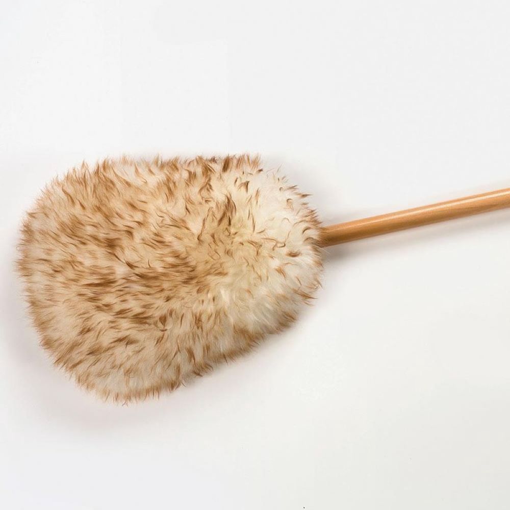 Handcrafted natural lamb’s wool wedge mop with wooden handle, designed for dusting and cleaning floors, walls, and ceilings in Home & Decor and Household Cleaning collections.