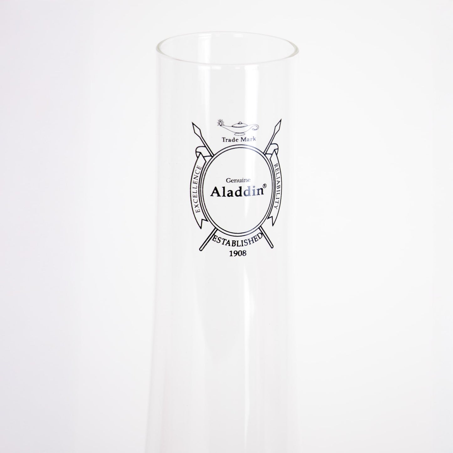 Clear glass chimney with black vintage-style logo, designed for maximum light output in Lamps & Lighting, Parts and Accessories, Chimneys and Globes, Best Sellers, and Promo Eligible collections.