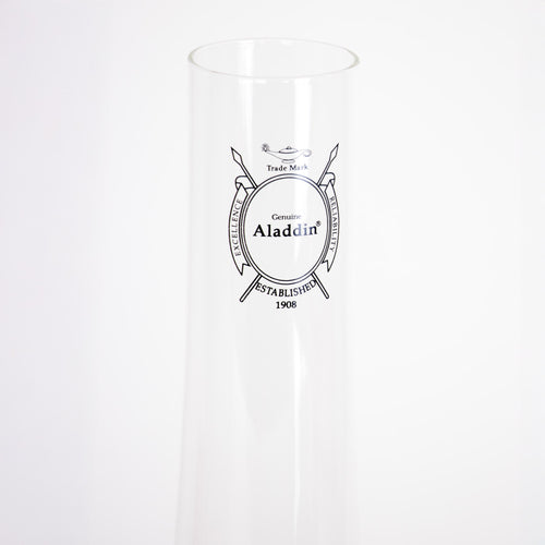 Clear glass chimney with black vintage-style logo, designed for maximum light output in Lamps & Lighting, Parts and Accessories, Chimneys and Globes, Best Sellers, and Promo Eligible collections.