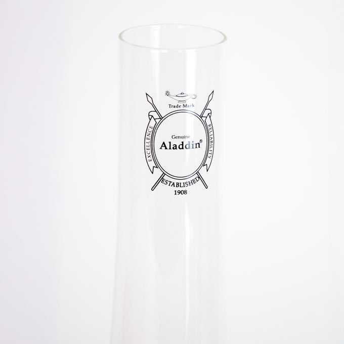 Clear glass chimney with black vintage-style logo, designed for maximum light output in Lamps & Lighting, Parts and Accessories, Chimneys and Globes, Best Sellers, and Promo Eligible collections.