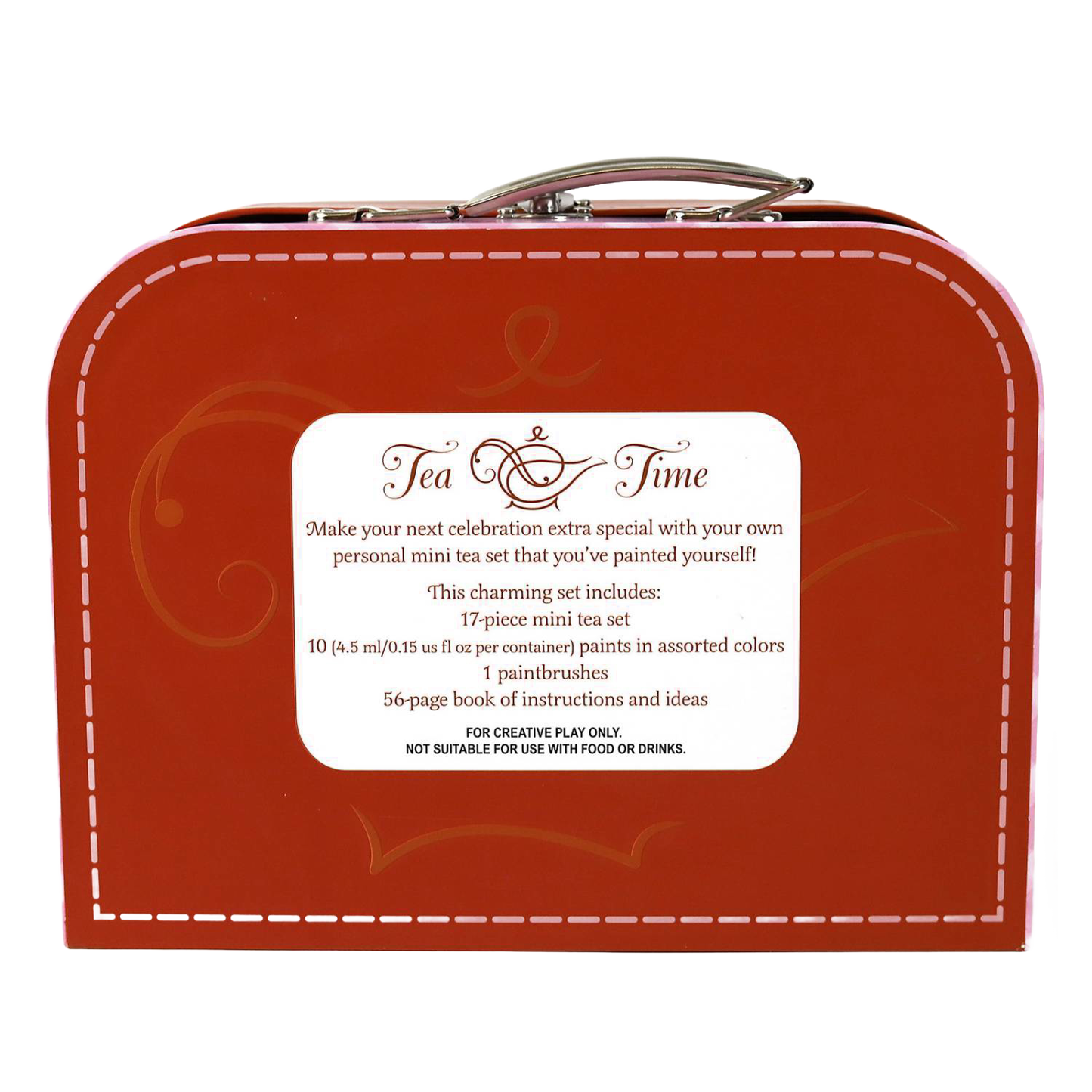 Small red metal suitcase art kit featuring a handcrafted 17-piece mini tea set with paints, brushes, and instructions for creative play in Toys, Children's Toys, Arts and Crafts collections.