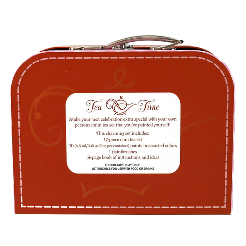 Small red metal suitcase art kit featuring a handcrafted 17-piece mini tea set with paints, brushes, and instructions for creative play in Toys, Children's Toys, Arts and Crafts collections.