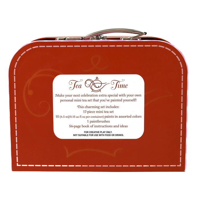 Small red metal suitcase art kit featuring a handcrafted 17-piece mini tea set with paints, brushes, and instructions for creative play in Toys, Children's Toys, Arts and Crafts collections.