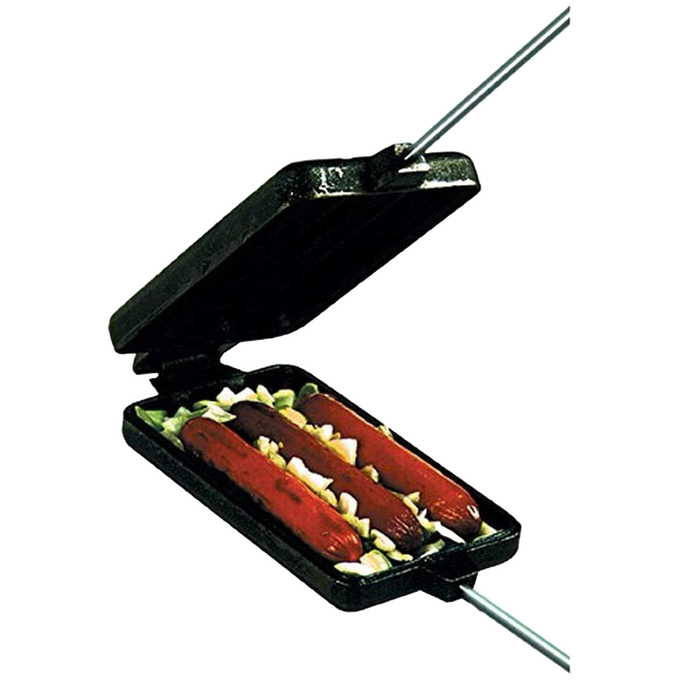 Handcrafted cast iron cooking iron with three hot dog-shaped compartments holding sausages and onions, featuring a metal handle with wood grips, ideal for Farm, Garden & Tool, Camping, Best Sellers, and Promo Eligible collections.