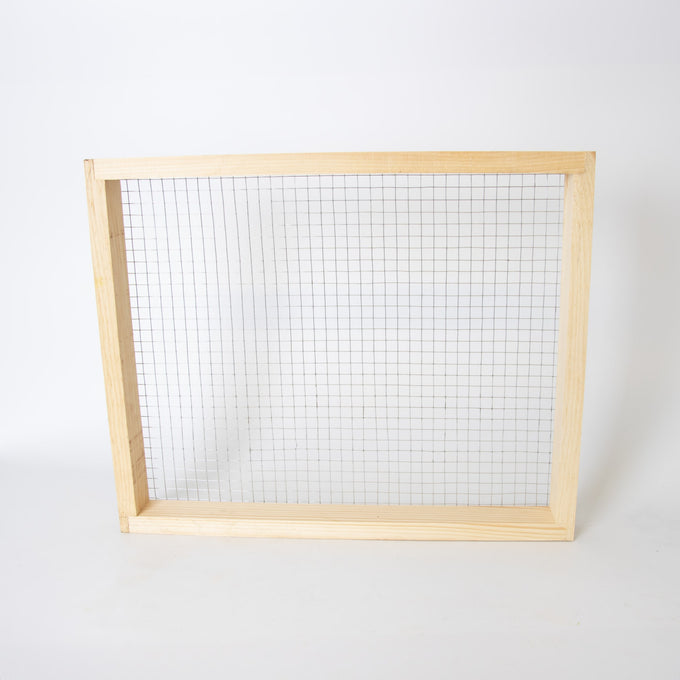 Handcrafted wooden frame with fine wire mesh, Amish made in the USA, designed for use in beekeeping supplies, farm, garden, and tool collections.