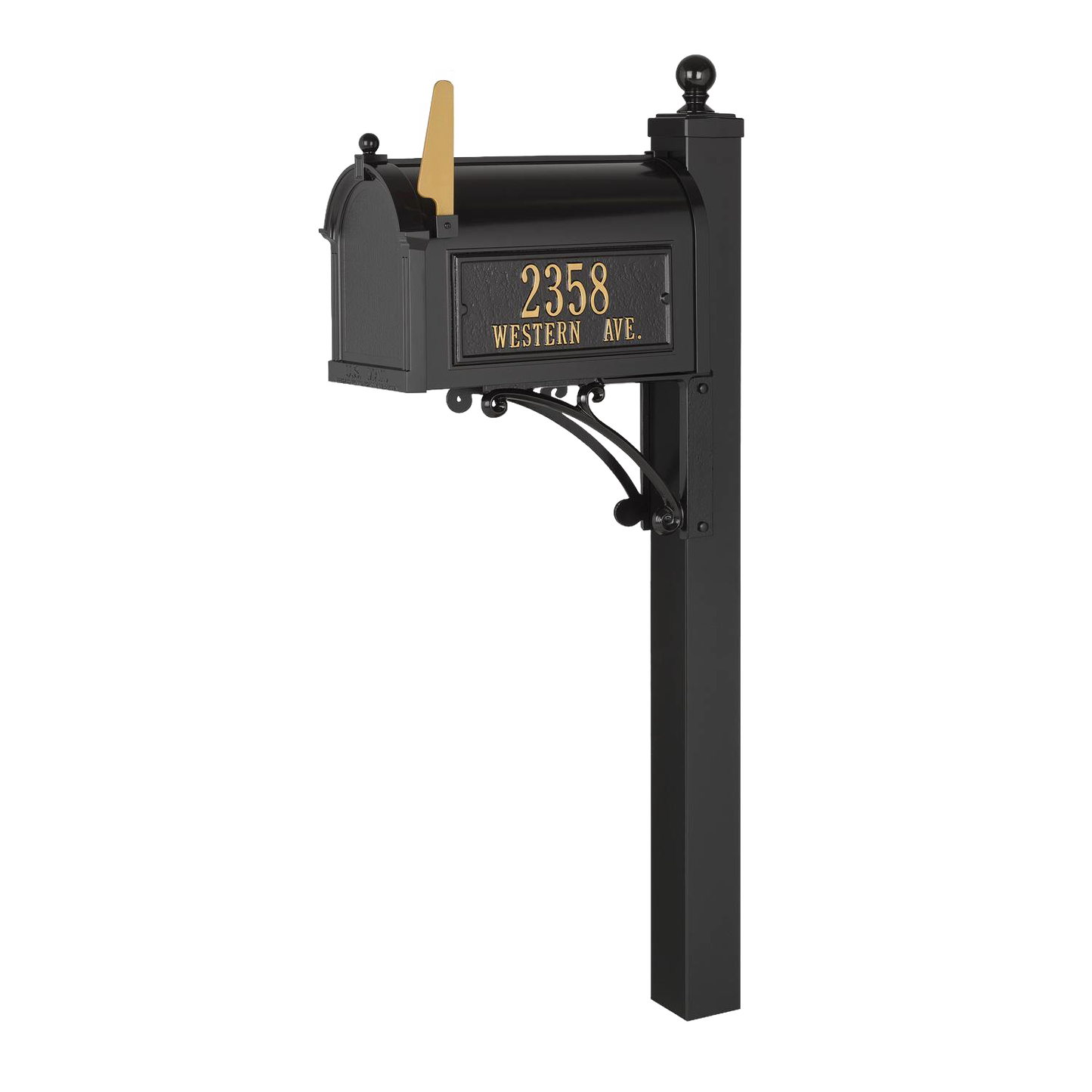 Elegant black and gold custom mailbox with post featuring personalized street address, handcrafted in USA, ideal for Home & Decor and Mailboxes and Address Signs collections.