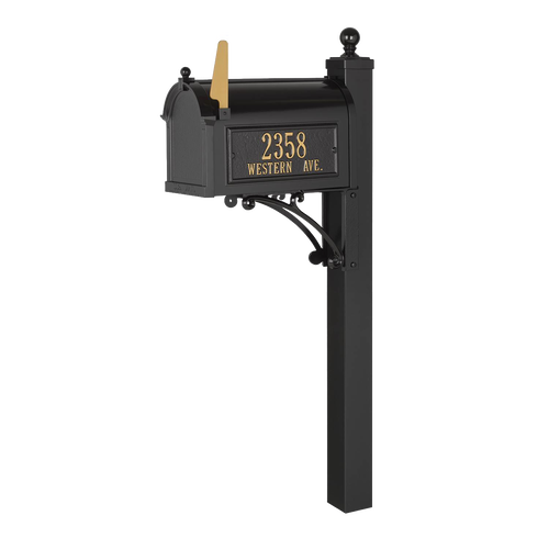 Elegant black and gold custom mailbox with post featuring personalized street address, handcrafted in USA, ideal for Home & Decor and Mailboxes and Address Signs collections.