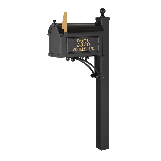 Elegant black and gold custom mailbox with post featuring personalized street address, handcrafted in USA, ideal for Home & Decor and Mailboxes and Address Signs collections.