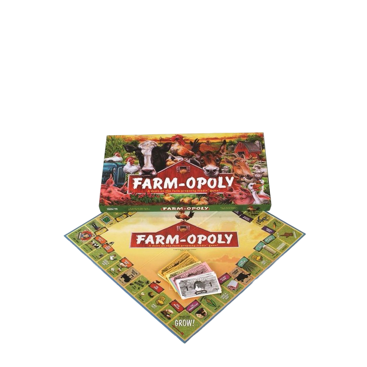 Farmopoly board game set featuring colorful farm animal illustrations and property trading spaces, handcrafted and made in USA, ideal for children's toys and table games collections.