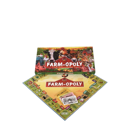 Farmopoly board game set featuring colorful farm animal illustrations and property trading spaces, handcrafted and made in USA, ideal for children's toys and table games collections.