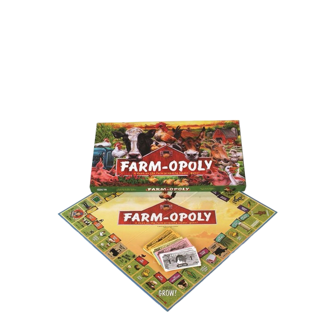 Farmopoly board game set featuring colorful farm animal illustrations and property trading spaces, handcrafted and made in USA, ideal for children's toys and table games collections.