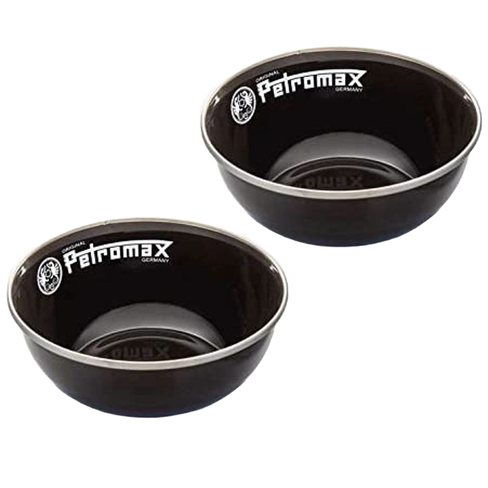 Pair of sturdy black enamel bowls with Petromax logo, lightweight and durable with heat-resistant fired surface, suited for Farm, Garden & Tool, Kitchen & Food, Camping, Dinnerware, and Best Sellers collections.