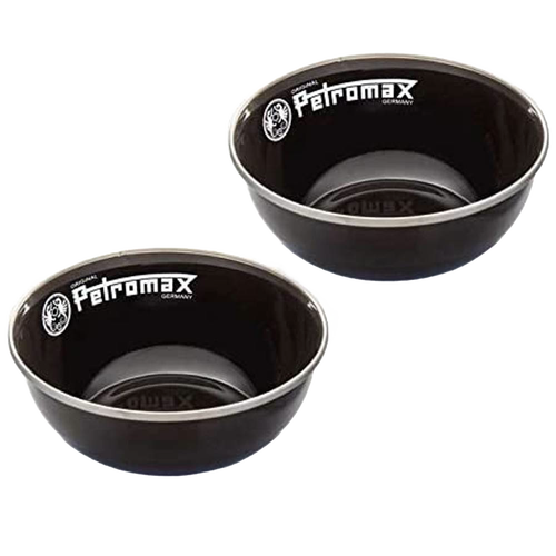 Pair of sturdy black enamel bowls with Petromax logo, lightweight and durable with heat-resistant fired surface, suited for Farm, Garden & Tool, Kitchen & Food, Camping, Dinnerware, and Best Sellers collections.