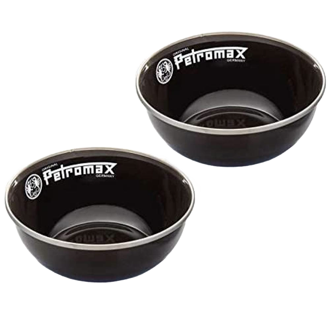 Pair of sturdy black enamel bowls with Petromax logo, lightweight and durable with heat-resistant fired surface, suited for Farm, Garden & Tool, Kitchen & Food, Camping, Dinnerware, and Best Sellers collections.